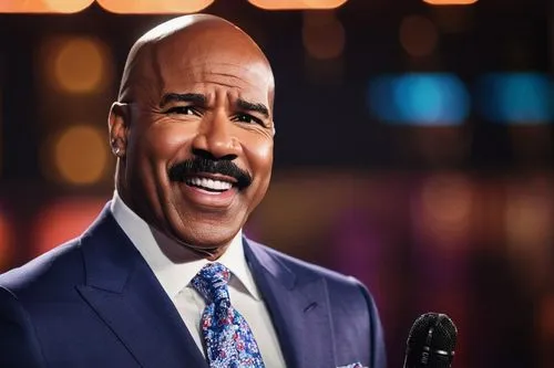 Steve Harvey, American comedian, TV host, suit, black hair, mustache, smiling, confident, standing, microphone, stage, studio audience, bright lights, colorful background, shallow depth of field, dyna