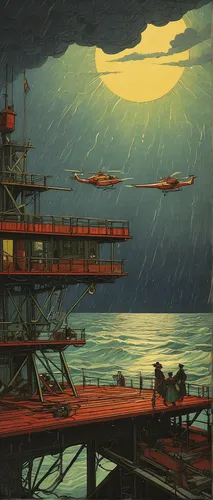 oil platform,arnold maersk,atomic age,docks,container cranes,arthur maersk,matruschka,shipyard,ocean liner,pre-dreadnought battleship,seaplane,industrial landscape,oil rig,night scene,ship yard,harbor cranes,the pier,wooden pier,searchlights,offshore drilling,Illustration,Retro,Retro 11