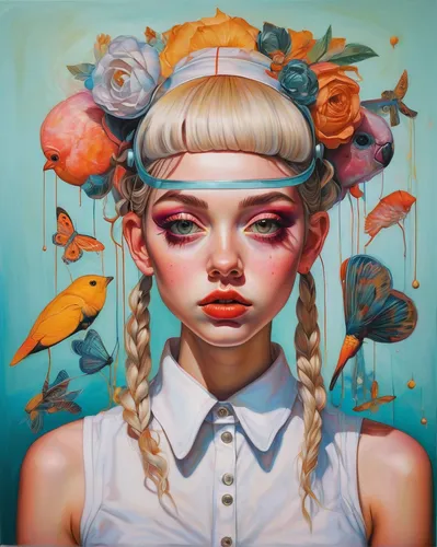 fantasy portrait,kahila garland-lily,goldfish,mystical portrait of a girl,girl with a dolphin,birds of the sea,capsule-diet pill,flock of birds,eglantine,girl portrait,surrealism,portrait of a girl,little birds,blue birds and blossom,canary,mina bird,birds,surrealistic,fantasy art,fish-surgeon,Conceptual Art,Daily,Daily 15