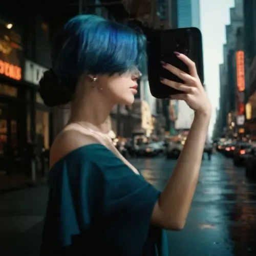 Заменить фон на сша нью йорк ииплатье,a woman with bright blue hair takes a picture with her cellphone,woman holding a smartphone,girl making selfie,blue hair,a girl with a camera,city ​​portrait,ny