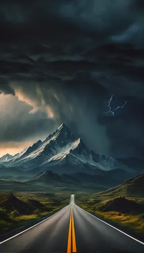 there is a picture of a road with a mountain in the background, it's running between a storm, storm background, cold stormy wind, bizzare landscape, surreal scene, digital art 4k unsettling, epic surr