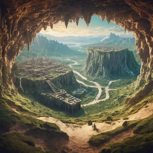 ancient city,karst landscape,fantasy landscape,futuristic landscape,labyrinthian,ecotopia,mountain world,mountain settlement,narayama,world digital painting,nargothrond,valley,meteora,the valley of the,excavation,erebor,valley of death,green valley,hinterlands,mountainous landscape,Illustration,Vector,Vector 21