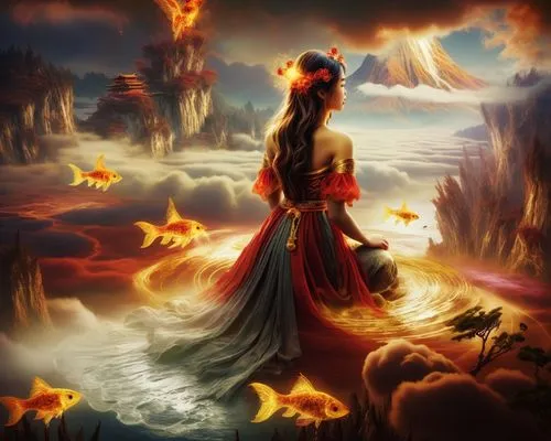 Traditional Beauty in Nature,woman in a flowing dress looking into a lake surrounded by goldfish,fantasy picture,kupala,fire and water,fantasy art,aflame,lake of fire,Illustration,Abstract Fantasy,Abs