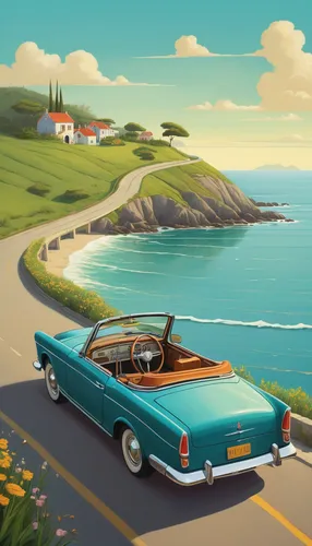 coastal road,seaside country,sunbeam alpine,sunbeam tiger,edsel bermuda,edsel,retro car,aronde,pacific coast highway,seaside,coastal landscape,seaside view,plymouth,convertible,retro automobile,buick electra,retro vehicle,the road to the sea,mercedes benz 190 sl,seaside resort,Illustration,Abstract Fantasy,Abstract Fantasy 17