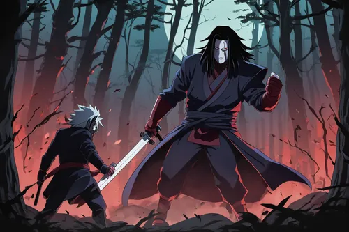 swordsmen,guards of the canyon,warrior and orc,game illustration,kenjutsu,sōjutsu,grimm reaper,sword fighting,swordsman,scythe,confrontation,assassins,shinigami,shinobi,hooded man,ninjutsu,samurai,samurai fighter,swords,ninjas,Illustration,Japanese style,Japanese Style 07