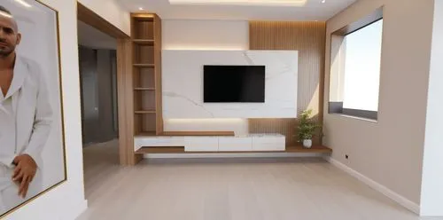 ultra luxurious modern tv room wall unit with marble finish back and wooden shelves and white melamine drawers ,a white room with a wooden paneled tv stand and large windows,modern minimalist bathroom