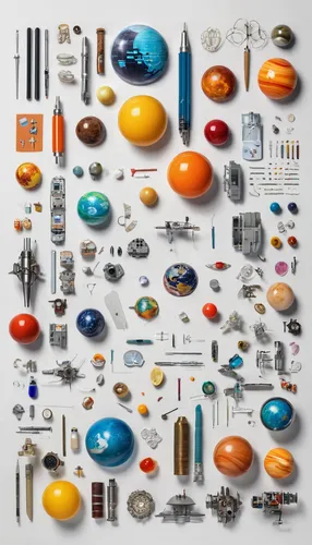 objects,art tools,components,materials,instruments,disassembled,tools,construction toys,assortment,spheres,art materials,assemblage,kitchen tools,kitchenware,clutter,cosmetics,round metal shapes,glass items,solar system,music instruments on table,Unique,Design,Knolling