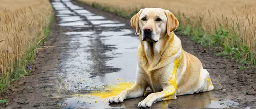 puddles,mudhol hound,retriever,golden retriever,saluki,golden retriver,puddle,raincoat,blonde dog,afghan hound,herd protection dog,labrador,yellow mustard,stray dog on road,walking in the rain,rain suit,rain pants,outdoor dog,artois hound,danish swedish farmdog,Conceptual Art,Graffiti Art,Graffiti Art 08