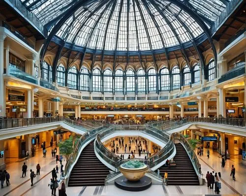 Grand, modern railway station, sleek glass dome, intricate iron framework, majestic stone pillars, elegant staircases, spacious hall, high ceilings, natural light pouring in, busy atmosphere, rushing 