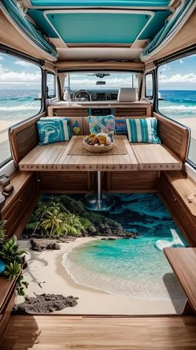 imagine the interior of a campervan designed based on a Disney movie "Moana". Integrate maui atmosphere, ocean, flowers in the design, 
Campervan contains at least 1 bedin the back, 1 kitchenette, 1 t