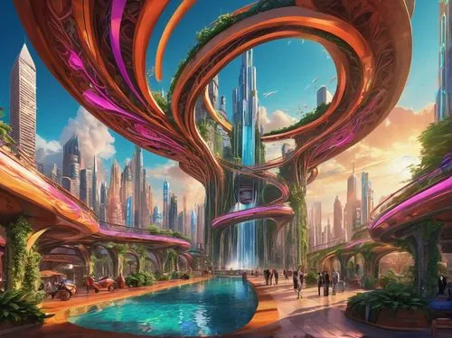 futuristic landscape,ecotopia,futuristic architecture,futuristic,fantasy city,areopolis,fantasy world,futuristic art museum,cyberia,utopian,ordos,cybercity,alien world,arcology,skyterra,utopia,sky space concept,lotusphere,cybertown,utopias,Illustration,Realistic Fantasy,Realistic Fantasy 39