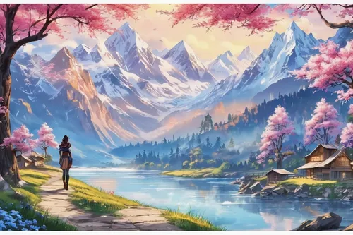 japanese sakura background,landscape background,sakura background,sakura trees,fantasy landscape,mountain scene,springtime background,watercolor background,fantasy picture,mountain landscape,spring background,japan landscape,sakura tree,beautiful landscape,salt meadow landscape,sakura blossom,idyllic,nature landscape,flower painting,mountainous landscape,Unique,Design,Character Design