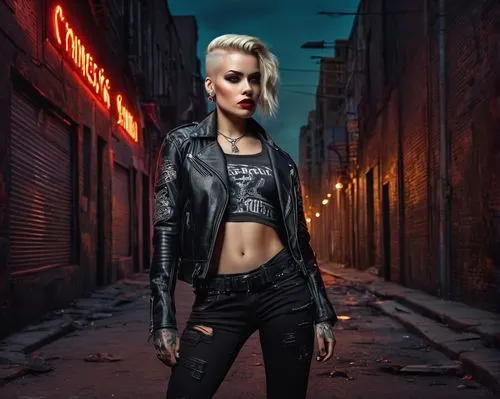 Female Hell's Angel character, muscular woman, tattooed sleeve, leather jacket, ripped jeans, black bandana, heavy boots, confident posture, smoky eyes, bold eyebrows, red lipstick, messy blonde hair,