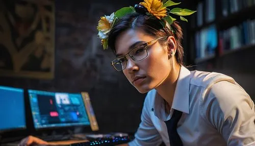 girl at the computer,secretarial,aui,zhu,flowered tie,vietnamese woman,librarian,postprocessing,kaewkamnerd,lei,telephone operator,postproduction,female worker,djn,girl studying,lightroom,frida kahlo,fractal design,pilipina,minh,Photography,Artistic Photography,Artistic Photography 08