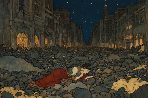 Write a story set in ground zero, where hope and resilience triumph over despair.,kate greenaway,the pied piper of hamelin,night scene,cobblestones,book illustration,vincent van gough,samaritan,the co