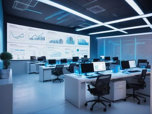 Modern data analytics center, futuristic interior design, sleek lines, minimalist aesthetic, rows of computer terminals, futuristic holographic displays, ergonomic chairs, busy analysts wearing glasse