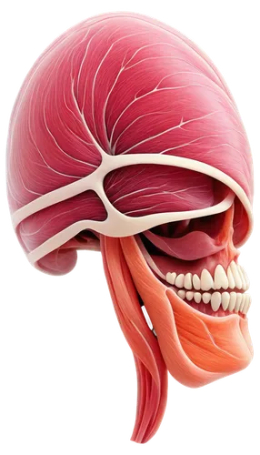 Anatomy illustration, diaphragm organ, dome-shaped, central tendon, muscular fibers, curved lines, transparent background, detailed texture, realistic shading, high contrast lighting, 3/4 composition,