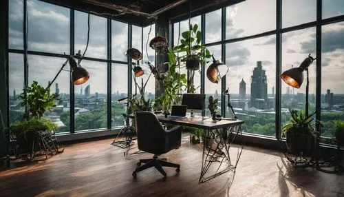 modern office,hanging plants,creative office,sky apartment,modern decor,loft,study room,meeting room,ikebana,titanum,hanging plant,modern room,terrarium,house plants,the living room of a photographer,boardroom,working space,electric tower,blur office background,interior design,Illustration,Realistic Fantasy,Realistic Fantasy 47