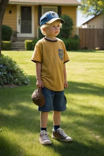 Realistic Charlie Brown, real-life setting, boy, 6-8 years old, messy blond hair, worn-out sneakers, faded yellow shirt, blue jeans, baseball cap, holding a baseball, standing in a suburban backyard, 