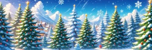 圣诞快乐圣诞树雪花矢量图,the painting shows trees covered in snow with buildings in the background,christmas snowy background,christmasbackground,christmas background,watercolor christmas background,christmas wal