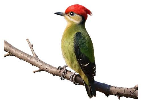 Woodpecker, bird, solo, perched, green feathers, red cap, black back, white belly, strong beak, claws grasping branch, vibrant eyes, morning sunlight, soft focus, shallow depth of field, warm color to