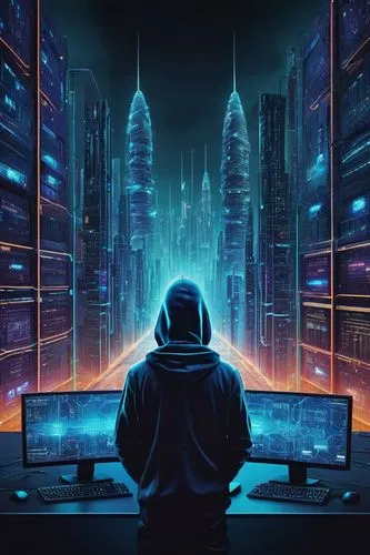 Network security architecture, futuristic cyberpunk cityscape, neon lights, skyscrapers, complex circuit boards, wires, motherboards, CPUs, servers, firewalls, intrusion detection systems, encryption 