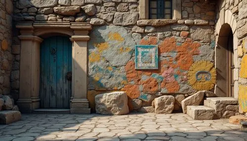 Rustic stone walls, worn wooden planks, distressed metal accents, rough-hewn boulders, intricate mosaics, vibrant glazed ceramics, ornate carved details, weathered brick facades, natural rock formatio