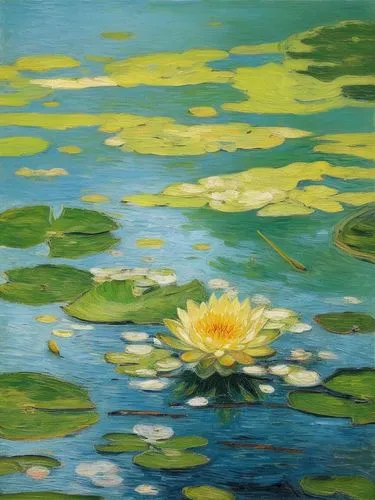 a painting of a yellow lily in a body of water,water lilies,waterlilies,lotus on pond,white water lilies,water lilly,waterlily,Art,Artistic Painting,Artistic Painting 03