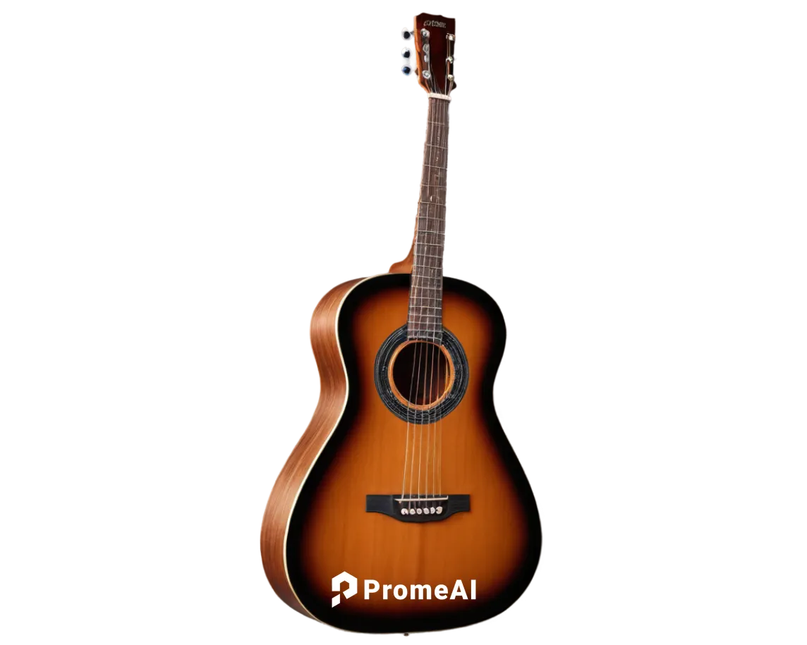 Acoustic guitar, shiny surface, brown wood grain, white buttons, metal strings, fretboard, tuning pegs, solo, close-up, 3/4 composition, soft lighting, warm color tone, cinematic atmosphere.,acoustic 