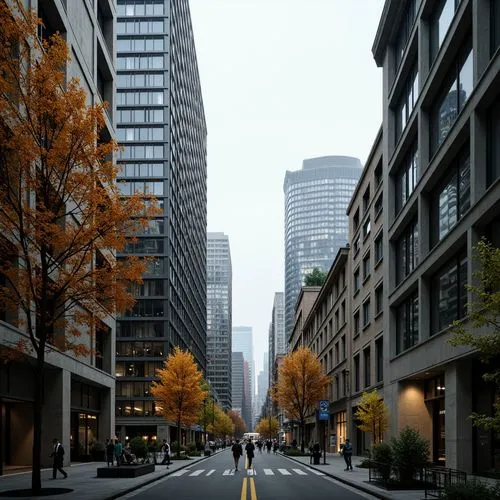 Urban cityscape, concrete skyscrapers, metallic facades, glass towers, modern architecture, busy streets, pedestrian walkways, streetlights, urban furniture, public art installations, green roofs, sus