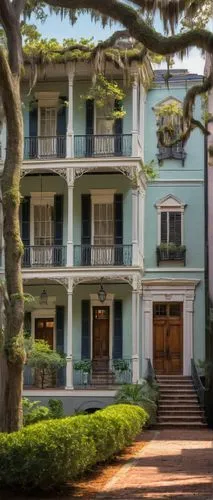 Historic Charleston, South Carolina, architecture style, colonial era, pastel color palette, ornate ironwork balconies, decorative shutters, columned facade, pediment above door, wooden double doors, 