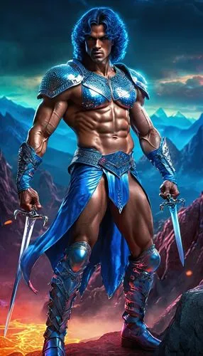 Muscular blue-skinned male warrior, intense gaze, sharp facial features, silver armor, intricate engravings, broadsword on back, muscular arms, powerful chest, ripped abs, strong legs, worn leather bo