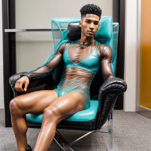 V-schnitt transparent Netz Kleidung Acryl Glanz Leder türkisen Ledersessel ,turquoise leather,male model,seated,articulated manikin,manikin,mannequin,broncefigur,club chair,milk chocolate,african amer