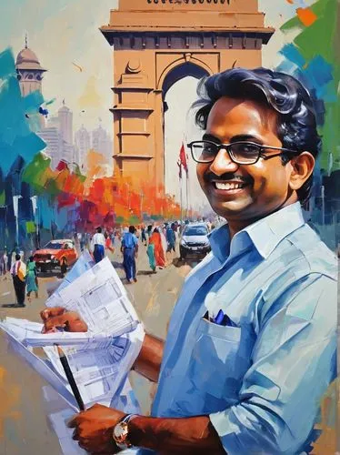 Modern Indian architect, 30s, professional attire, glasses, neat hair, standing, holding blueprints, pencil in hand, smiling, confident, urban background, cityscape, skyscrapers, glass and steel build