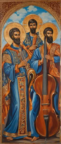 khokhloma painting,musicians,greek orthodox,church painting,bağlama,trumpet of jericho,holy family,holy three kings,three kings,romanian orthodox,string instruments,nativity of jesus,orthodox,musical ensemble,nativity of christ,orthodoxy,bouzouki,hieromonk,street musicians,mural,Illustration,Realistic Fantasy,Realistic Fantasy 43