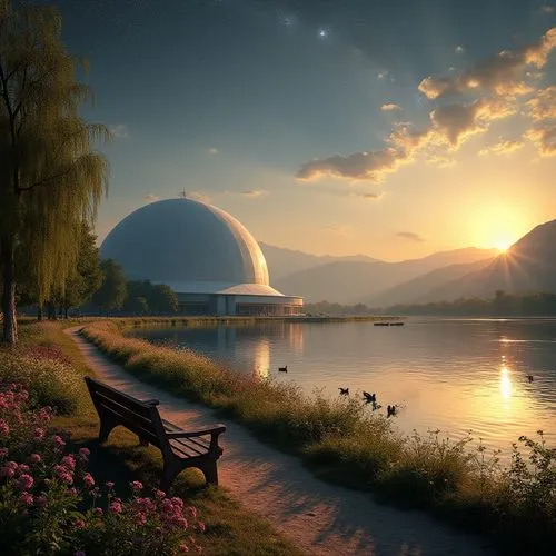 Panoramic planetarium, futuristic dome-shaped building, riverbank views, sunset time, golden light reflecting off calm water, weeping willows gently swaying near the bank, a variety of wildflowers blo