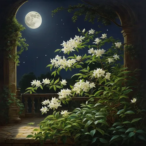 night-blooming jasmine,night scented jasmine,moonflower,moonlit night,jasmine-flowered nightshade,beach moonflower,moonlight cactus,night-blooming cestrum,moonlit,jasmine blossom,night-blooming cactus,night scene,secret garden of venus,lilies of the valley,scent of jasmine,lilly of the valley,the night of kupala,fantasy picture,jasminum,splendor of flowers,Art,Classical Oil Painting,Classical Oil Painting 31