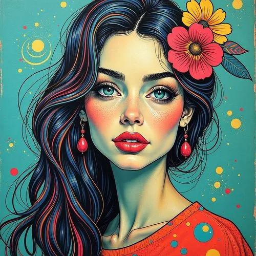 boho art,boho art style,girl in flowers,beautiful girl with flowers,colorful floral,girl portrait,Illustration,Realistic Fantasy,Realistic Fantasy 25