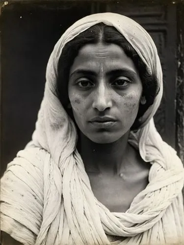 Schwarz-Weiß-Porträt einer blassen, Ägypterin aus der Unterschicht mit unreiner Haut, das sich in Trance befindet. Der Gesamteindruck des Bildes ist ziemlich schmuddelig.,this black and white portrait