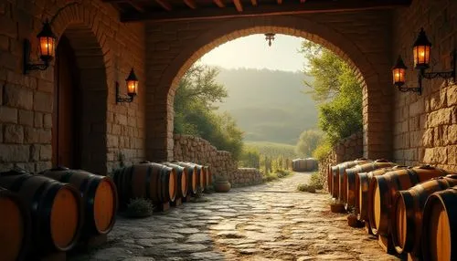 Rustic winery, granite material, stone walls, wooden barrels, dim warm lighting, intimate atmosphere, vineyard surroundings, rolling hills, lush greenery, ancient trees, medieval-inspired architecture