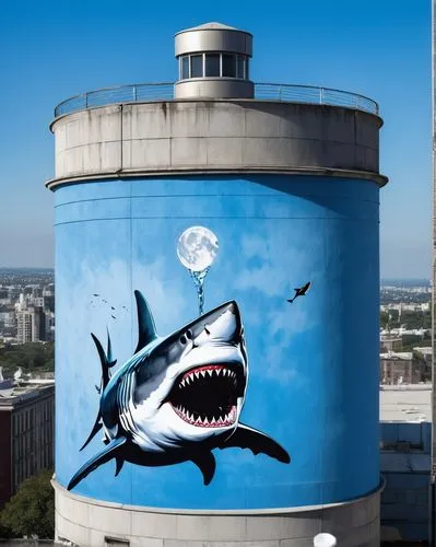 water tower,water tank,watertower,storage tank,mural,urban art,silo,great white shark,requiem shark,graffiti art,streetart,water dispenser,urban street art,shark,street art,animal tower,wall paint,to scale,spray can,wall painting,Conceptual Art,Graffiti Art,Graffiti Art 12