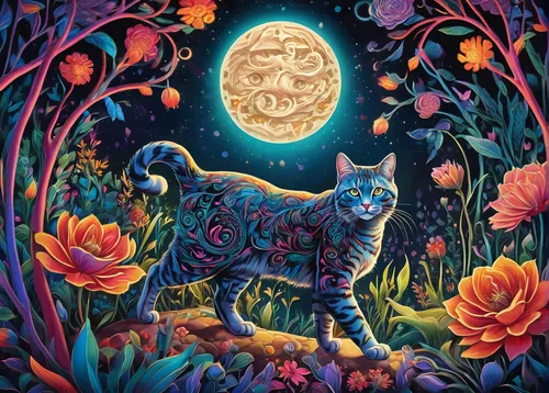 tapestry,luna,cat on a blue background,flower cat,indigo,cat,feline,paisley,psychedelic art,paisley digital background,astral traveler,animal feline,cat vector,zodiac sign leo,secret garden of venus,pet portrait,pachamama,cat lovers,zodiac,cat portrait,Illustration,Realistic Fantasy,Realistic Fantasy 39