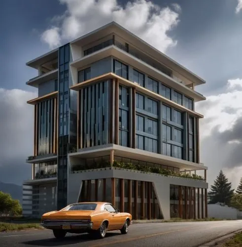 car,a gold classic car driving down the street in front of a modern building,modern building,3d rendering,kigali,penthouses,residencial,car showroom,modern house,revit,appartment building,modern archi