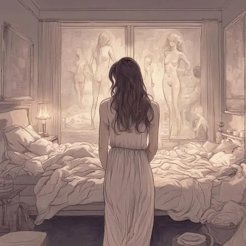 nightgown,the little girl's room,empty room,room,insomnia,sleepwalker,awakening,the girl in nightie,awake,bedroom,cold room,ghost girl,sleepless,comforter,white room,one room,sleeping room,rooms,longing,sleepwalking