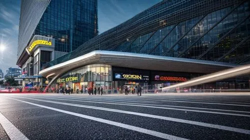 night shot, artificial light inner lighting on the ground floor, advertising on the façade, shopping mall on the ground, high quality render, cinematic render, add people walking, interior light, stro