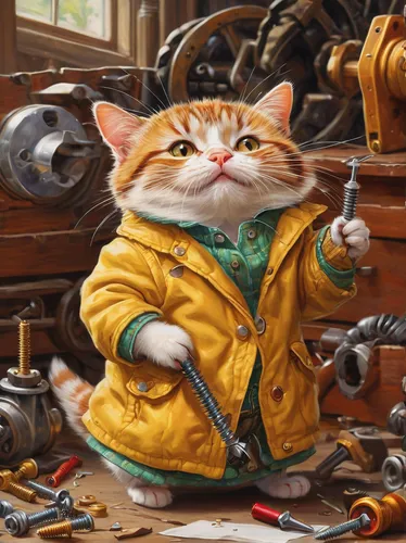 Write a humorous scene where a clumsy character accidentally puts too much torque on a screw, causing chaos.,mechanic,craftsman,watchmaker,car mechanic,cat-ketch,painting technique,calico cat,cat,merc