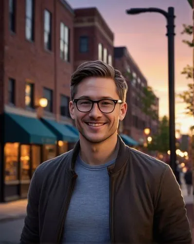 Modern architectural lighting designer, male, 30s, casual wear, glasses, short hair, smiling, Ann Arbor, Michigan, downtown area, evening time, warm golden lighting, urban cityscape, brick buildings, 