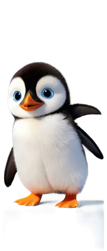 Adorable penguin, solo, childlike, fluffy feathers, yellow beak, black eyes, cute eyelids, waddling posture, standing on one leg, white belly, black back, orange feet, icy blue background, soft focus,