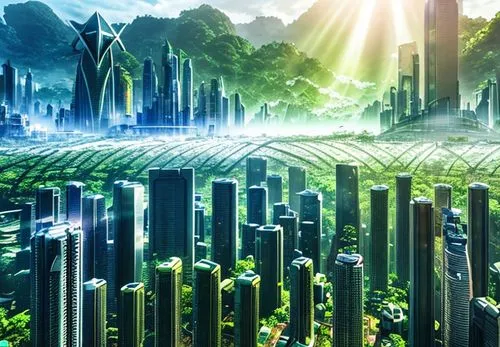 A large futuristic city in the medium of a rain forest, under morning light, shining sun, panoramic view,futuristic landscape,terraforming,alien world,green forest,cube background,bamboo forest,aaa,pa