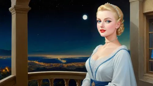 Romantic masterpiece oil painting, beautiful curvy woman portrait, tight abaya dress, nostalgic 1950's style kitsch, breathtaking beautiful epic vast landscape, majestic scenery, balcony view, starry 